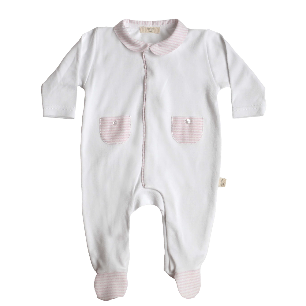 Baby Gi White Sleepsuit with Pink Striped Pocket