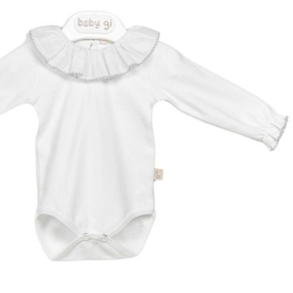 Baby Gi Long Sleeved Bodysuit with Grey Frill Collar The Wardrobe Childrens Boutique