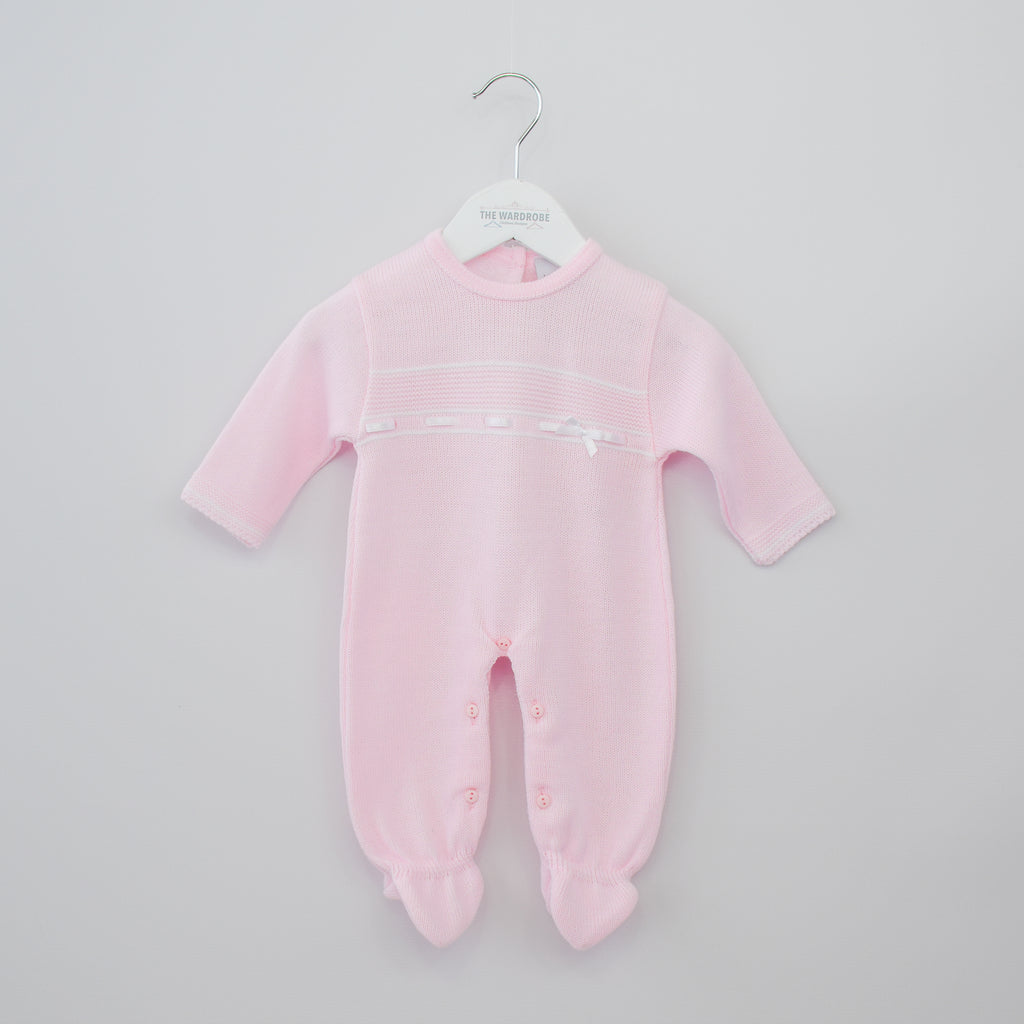 Girls Pink Knitted Onesie with White Satin Ribbon Bow