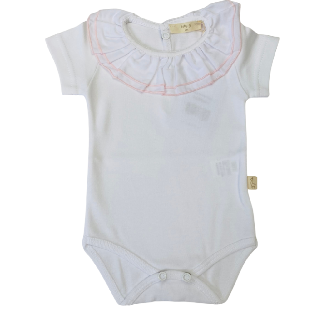 Baby Gi White Short Sleeved Bodysuit with Double Pink Frill Collar