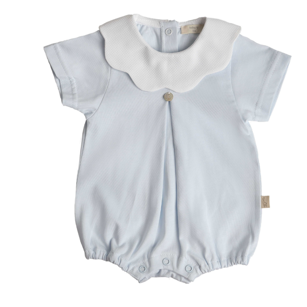 Baby Gi Blue Cotton Romper with pique Collar