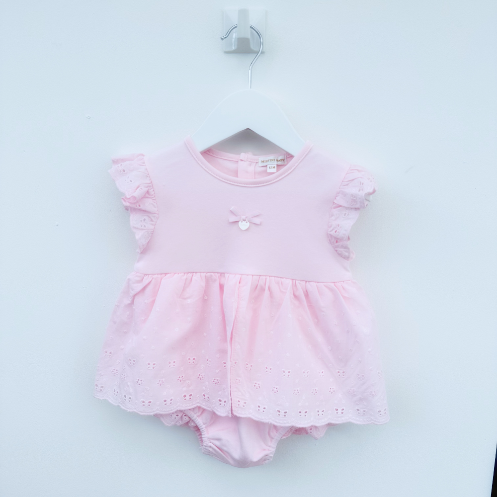Mintini Girls Broderie Anglais Pink Romper