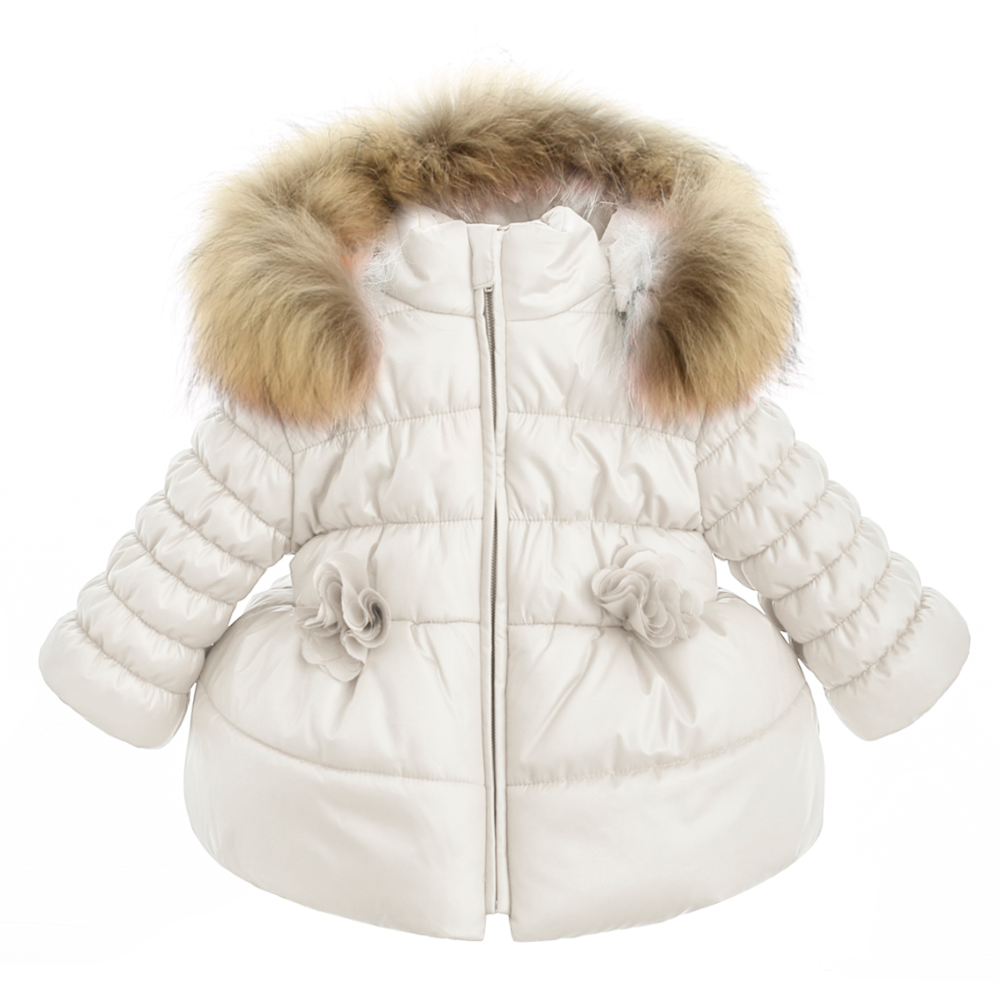 BUFI girls cream padded jacket with detachable fur lined hood.