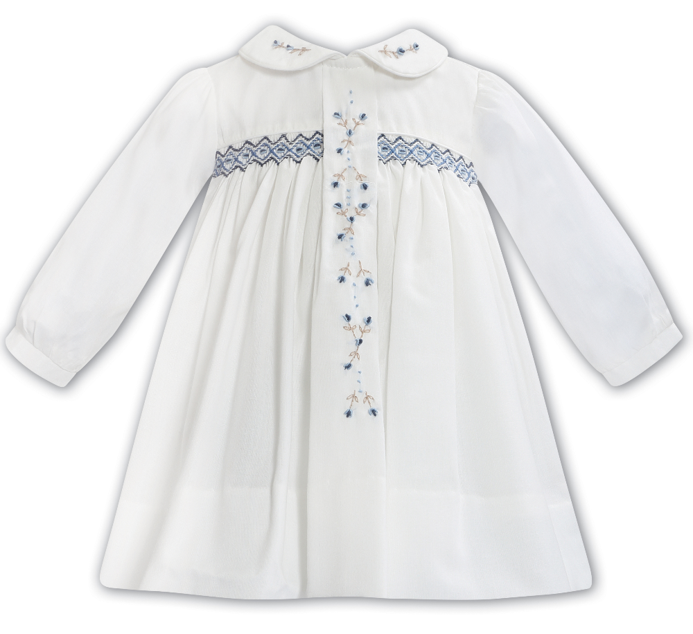 Sarah Louise Girls Ivory & Blue Smocked Dress