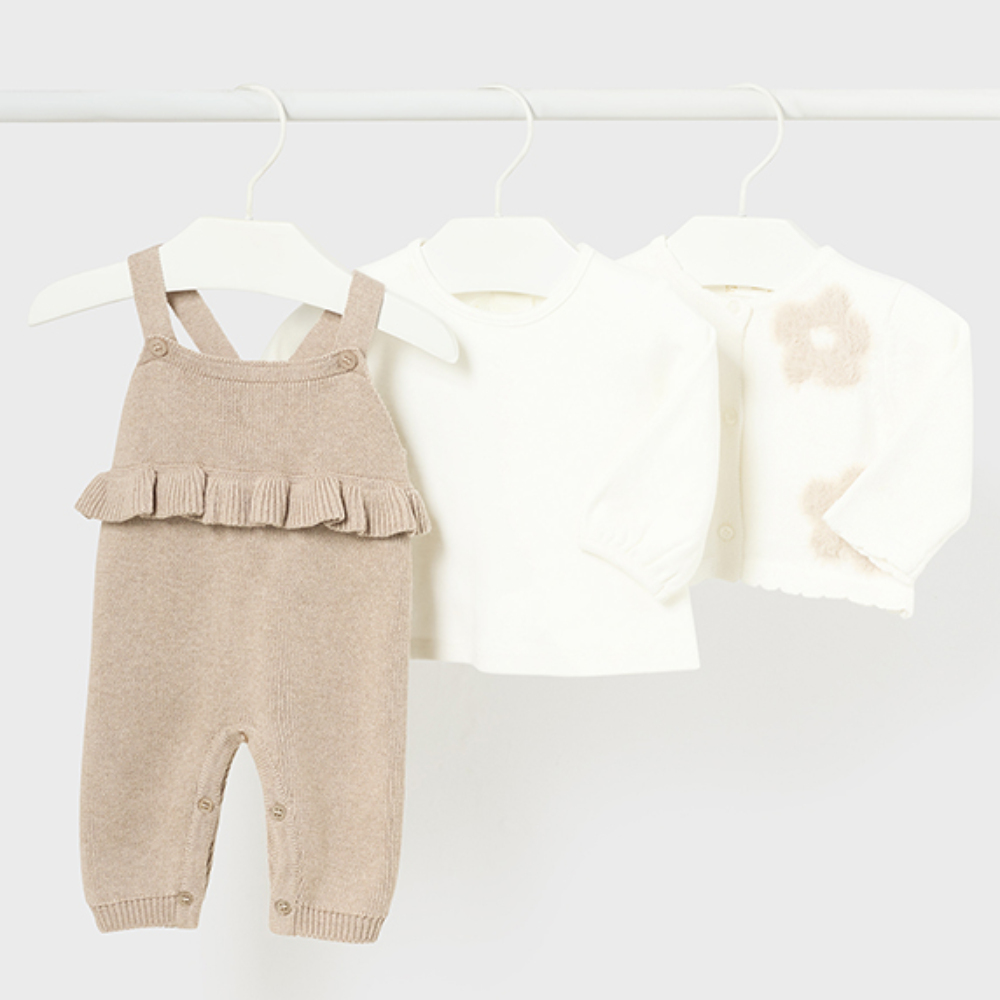 Mayoral Girls Natural Daisy Dungarees & Cardigan