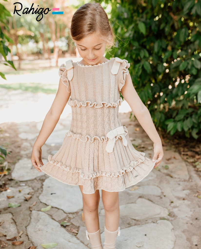 Rahigo Girls Camel & Cream Drop Waist Dress