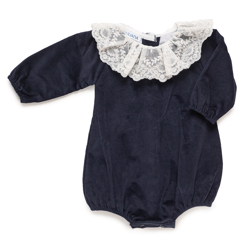 Juliana Girls Navy Romper with Lace Collar