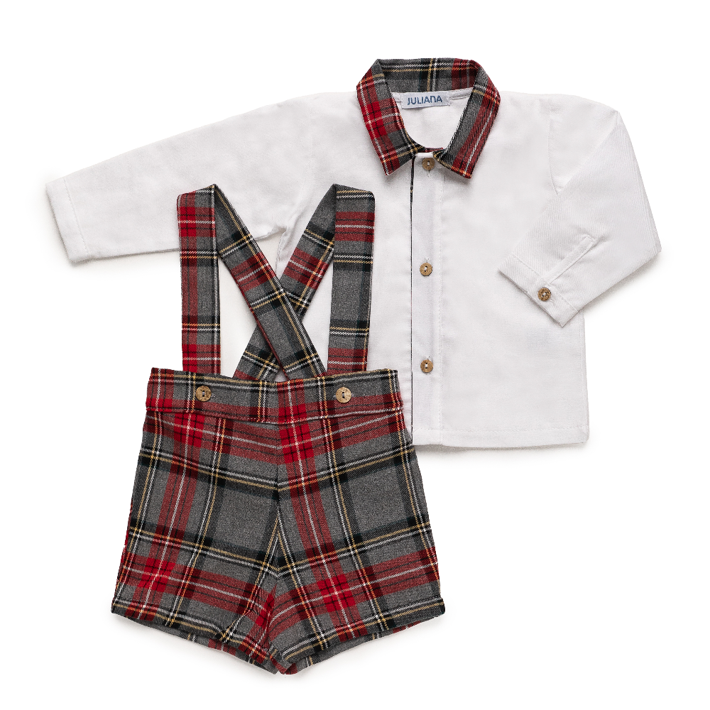 Juliana Boys Tartan Red Check Dungaree Short & Shirt Set