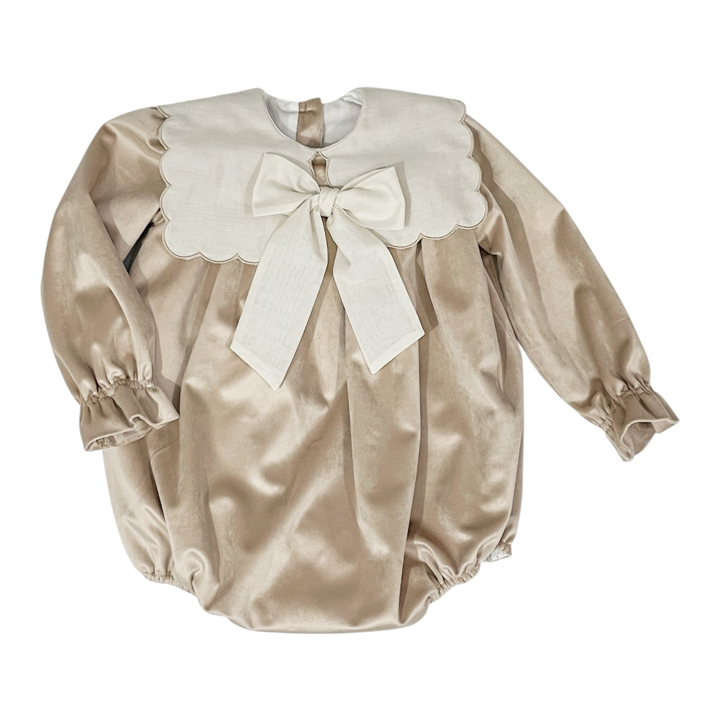 Fofettes Girls Velvet Beige Romper With Bow