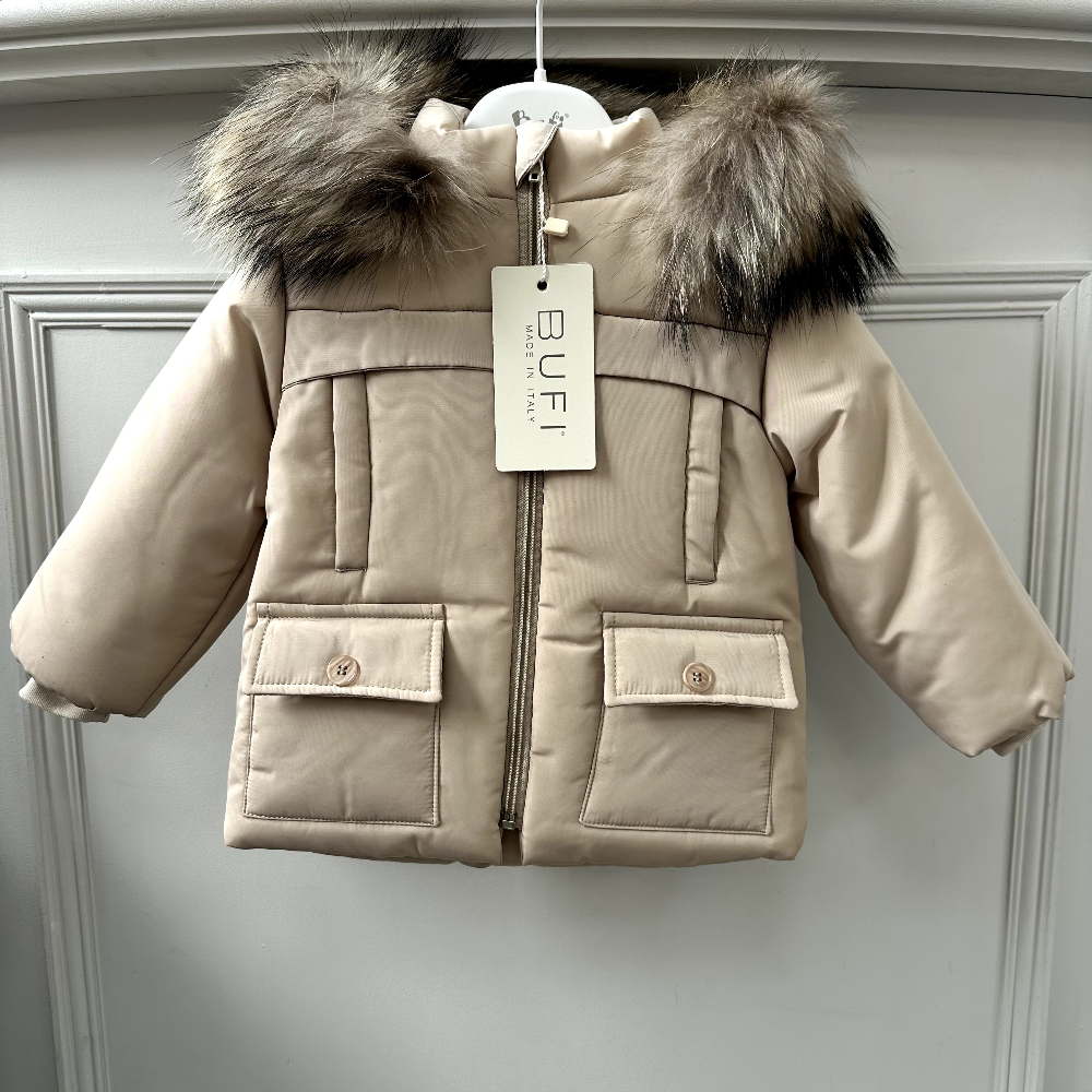 BUFI Boys Natural Colour Fur Trim Hooded Padded Jacket