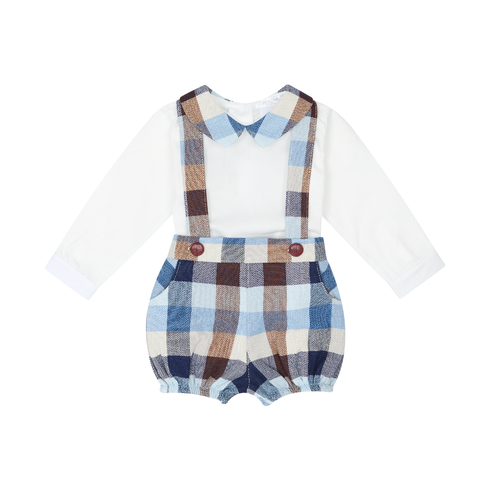 New In Deolinda Boys Blue Check Dungaree Shorts Set
