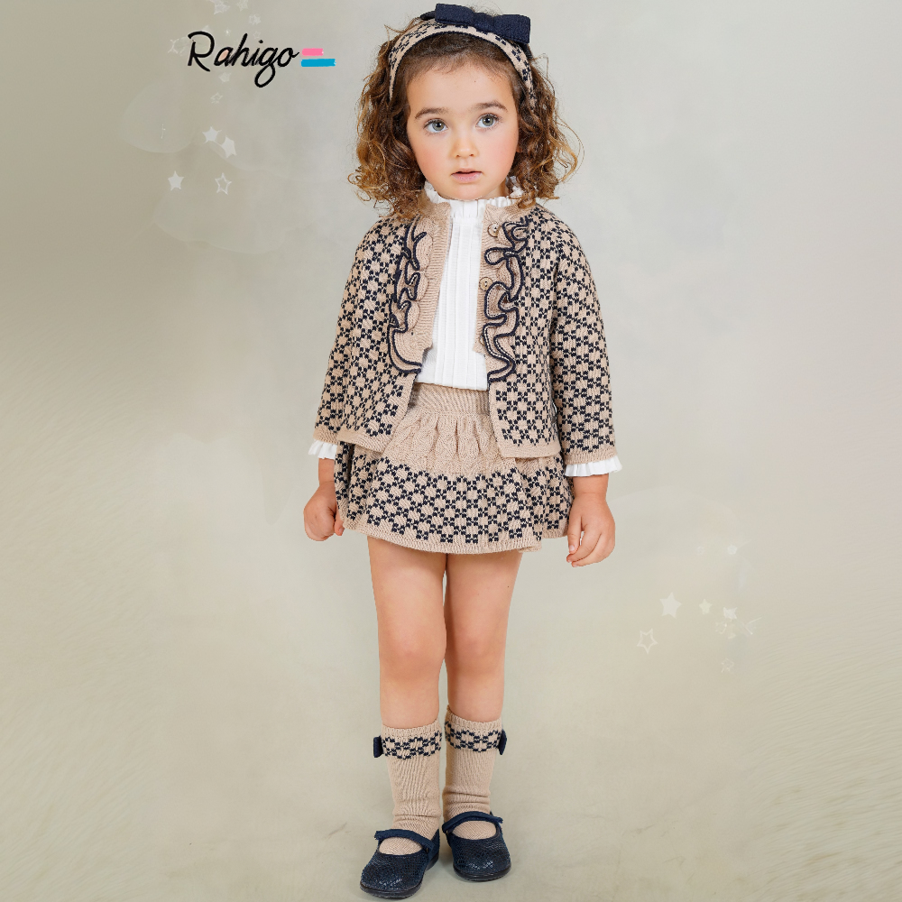 New In Rahigo Girls Camel & Navy 3 Piece Set