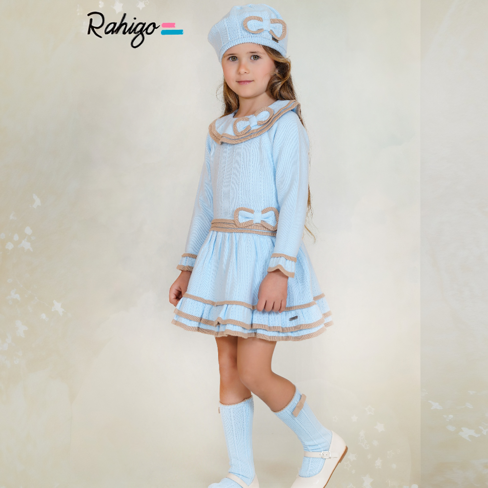 New In Rahigo Girls Baby Blue & Camel Drop Waist Dress