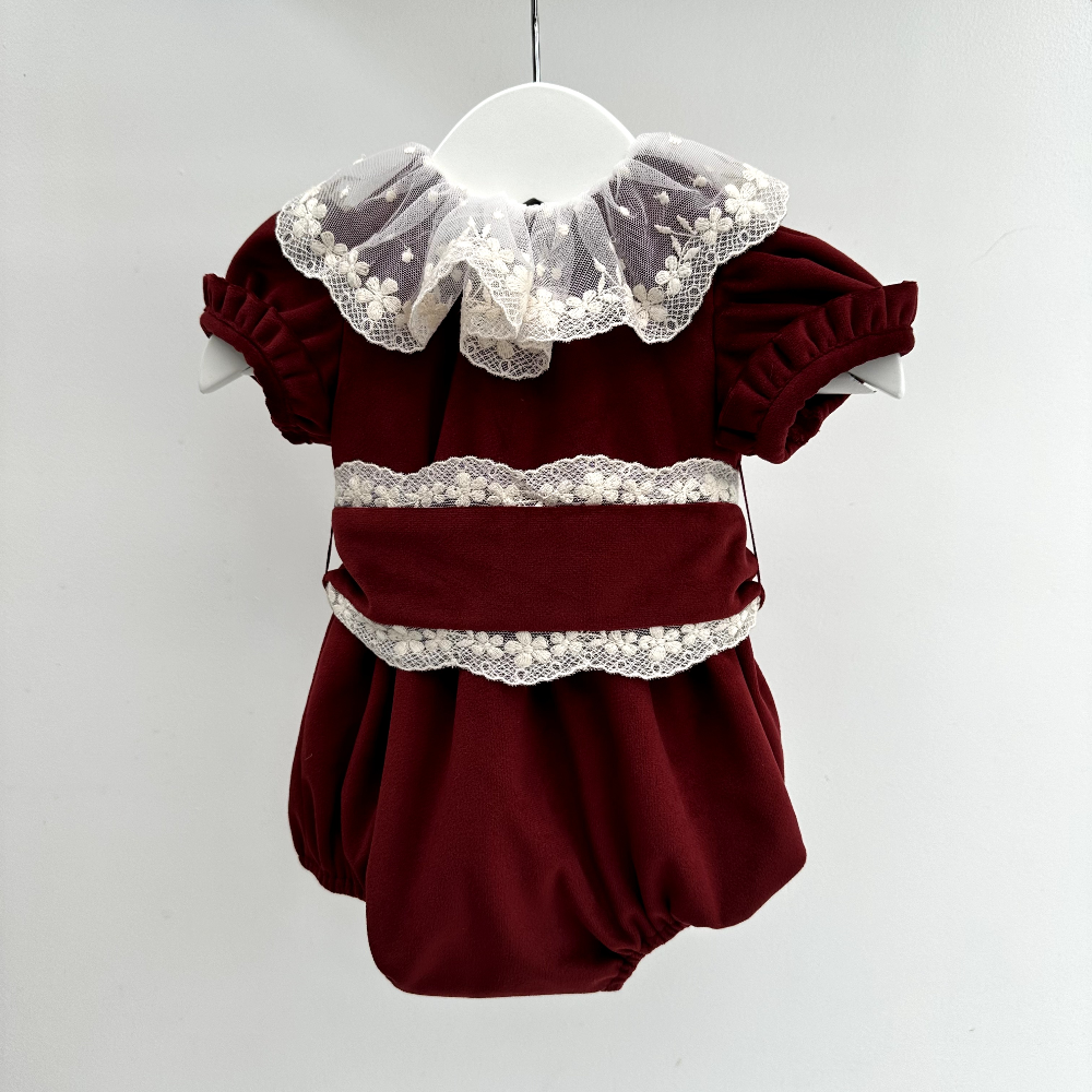 Fofettes Girls Burgundy Exclusive Velvet Romper With Lace