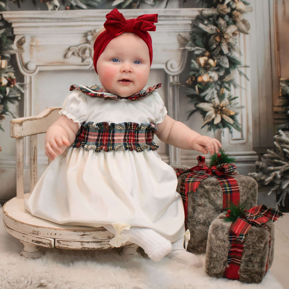 Christmas Fofettes Ivory Velvet Dress With Tartan Bow