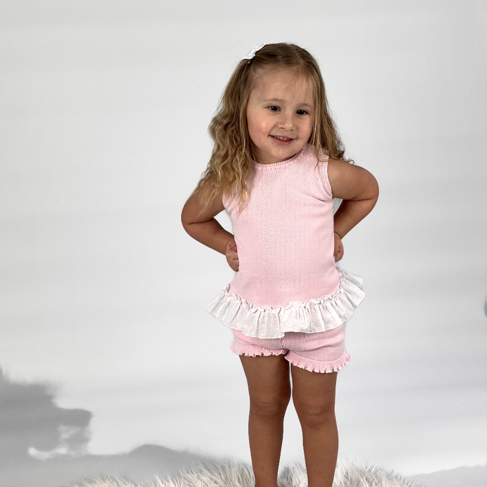 Artesania Granlei Pink Fine Knit Bow Shorts Set