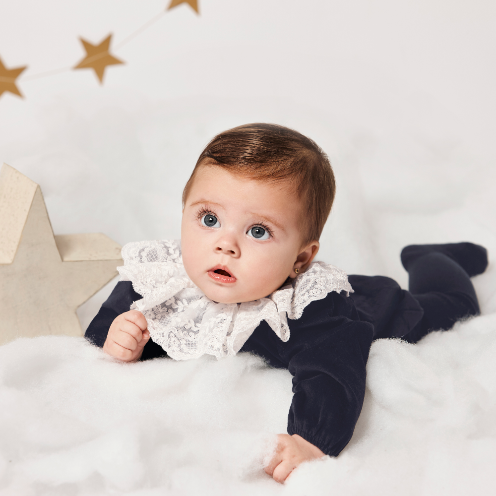 Juliana Girls Navy Romper with Lace Collar