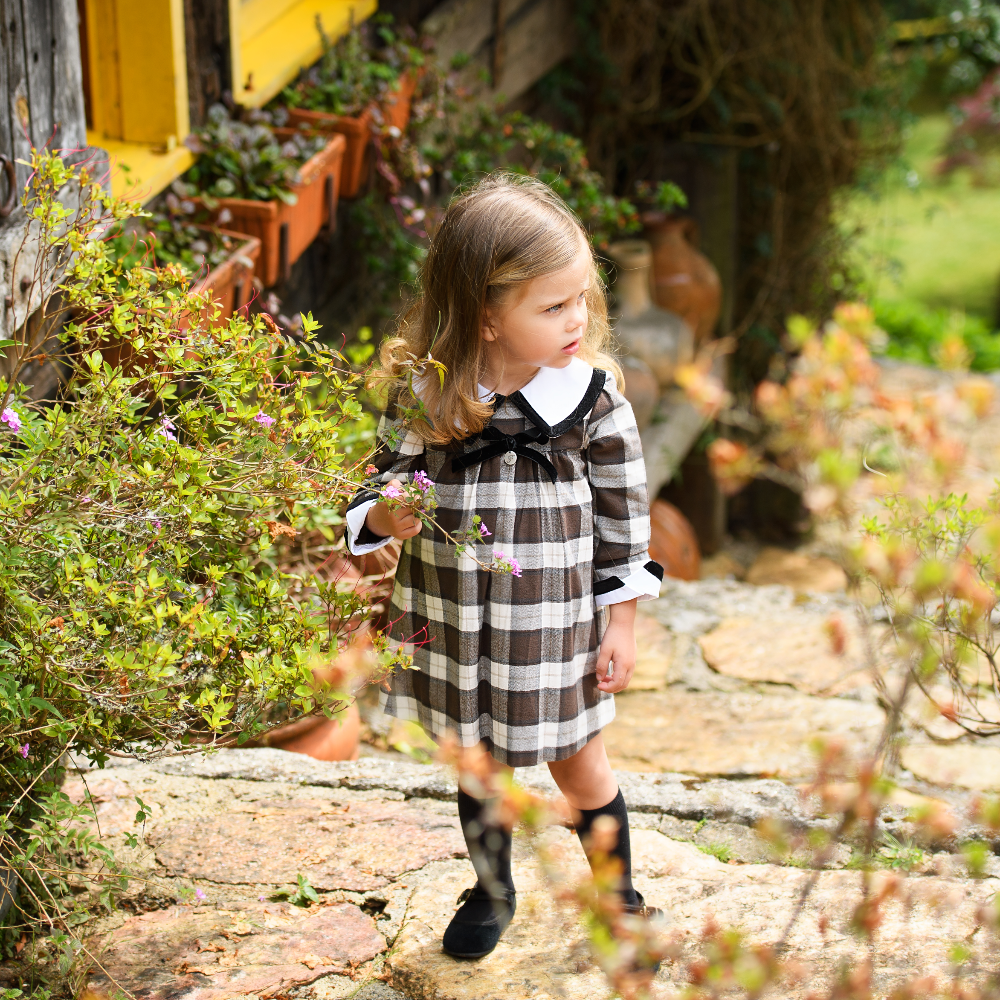 Foque Girls Brown Cream Check Dress