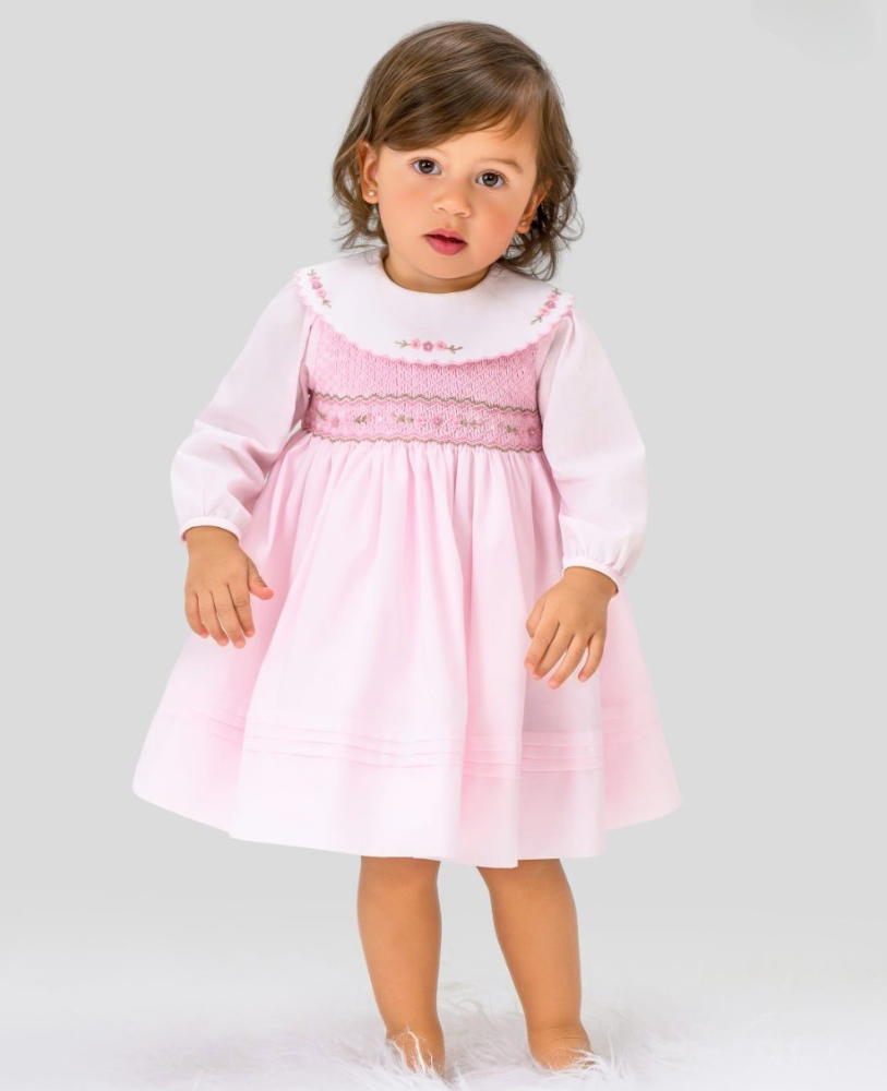 Sarah Louise Girls Pink Scalloped Smocked Dress