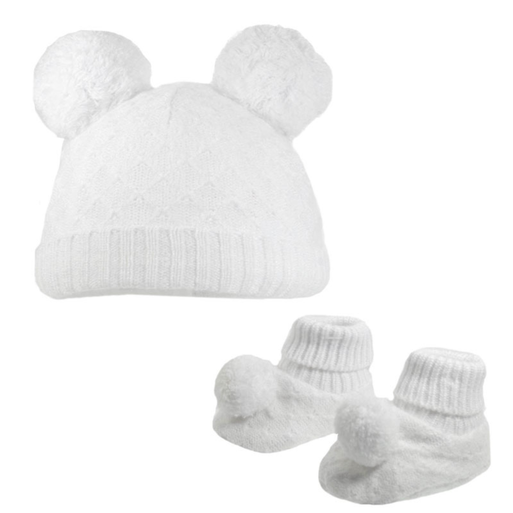 White Pom Pom Hat & Matching Bootees