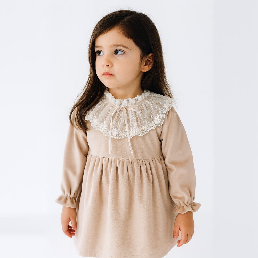 Fofettes Girls Velvet Beige Dress