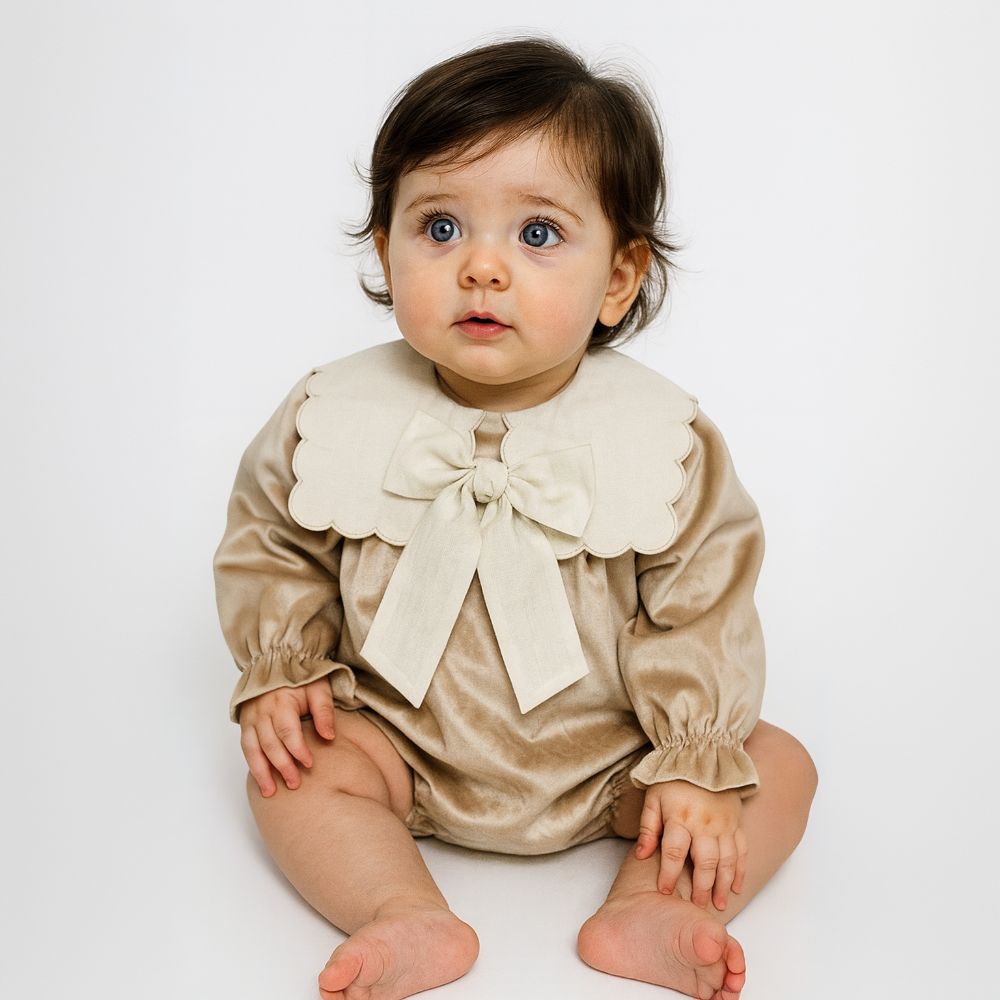 Fofettes Girls Velvet Beige Romper With Bow