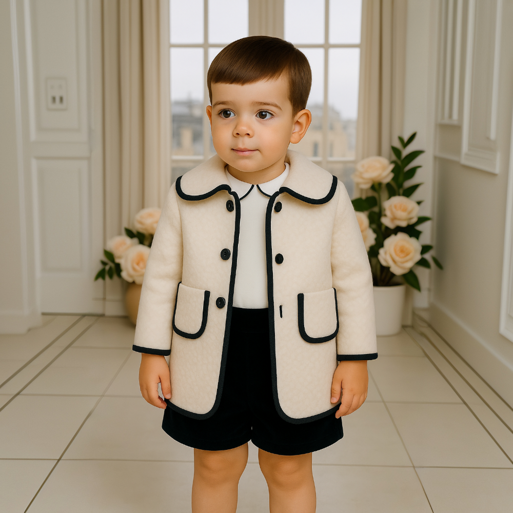 Fofettes Unisex Ivory Black Trim Coat