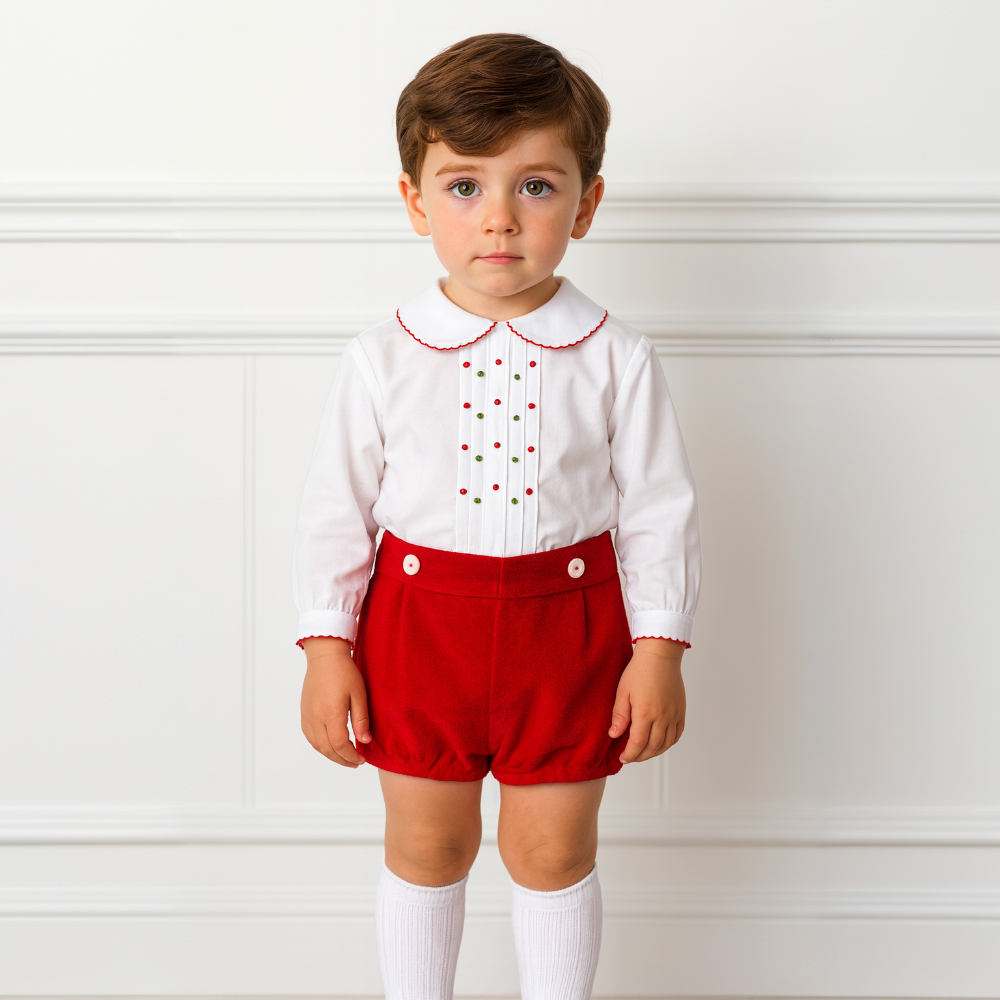 Sarah Louise Boys Red Smocked Short & Shirt Set
