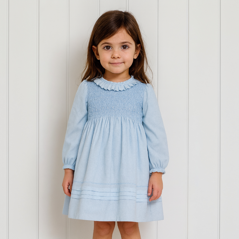 Sarah Louise Girls Blue Frilled Collar Smocked Dress