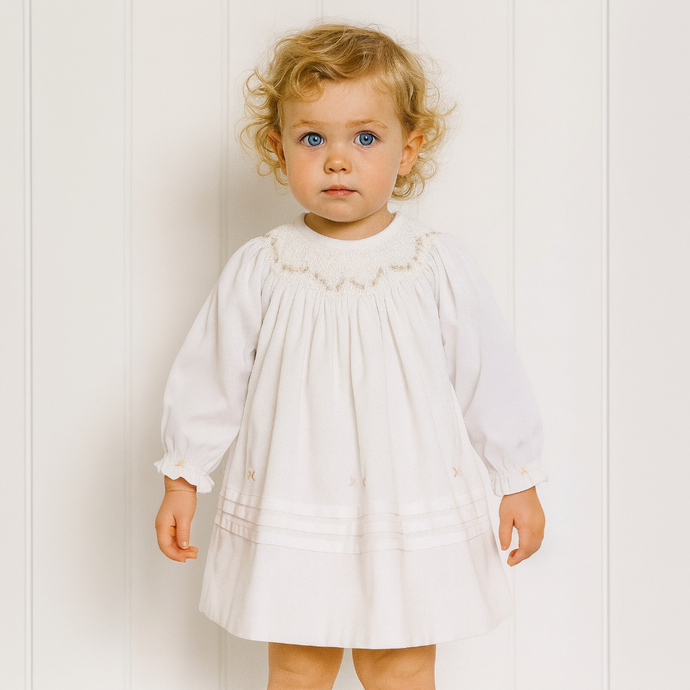 Sarah Louise Girls Ivory & Beige Smocked Dress