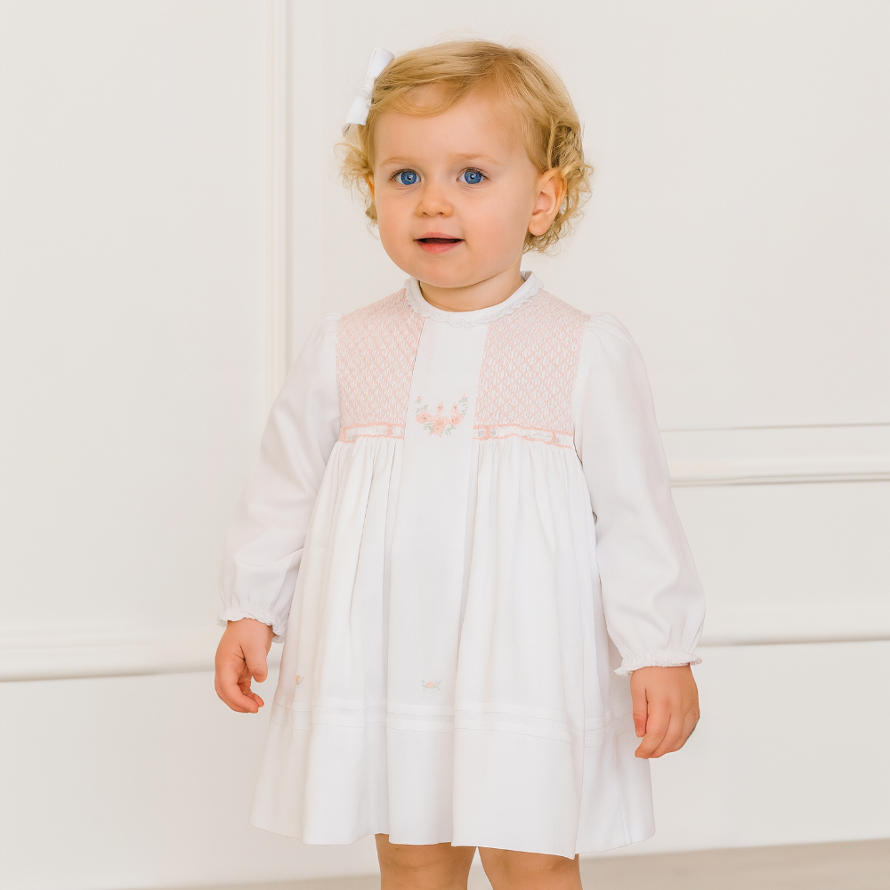 Sarah Louise Baby Girls Ivory & Peach Smocked Dress