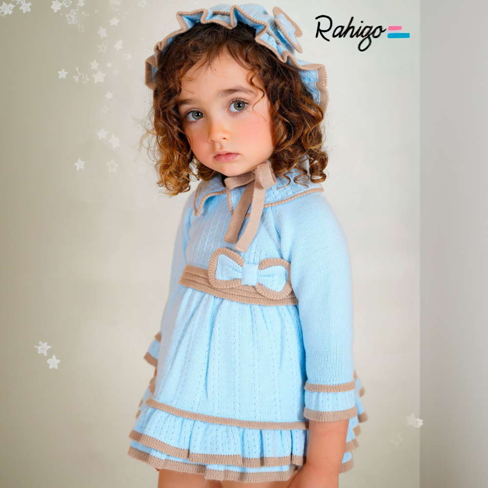 New In Rahigo Girls Baby Blue & Camel Baby Dress & Knickers