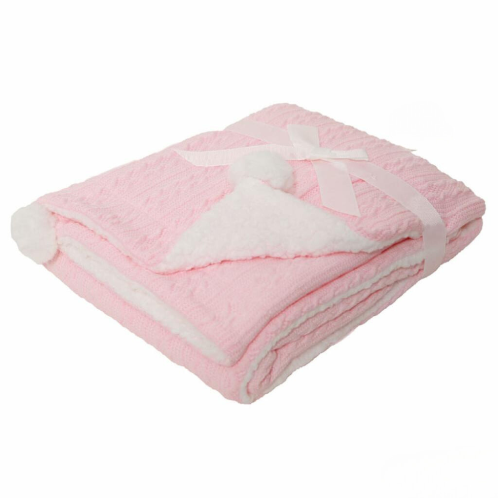 Baby Pink Knitted Pom Sherpa Blanket