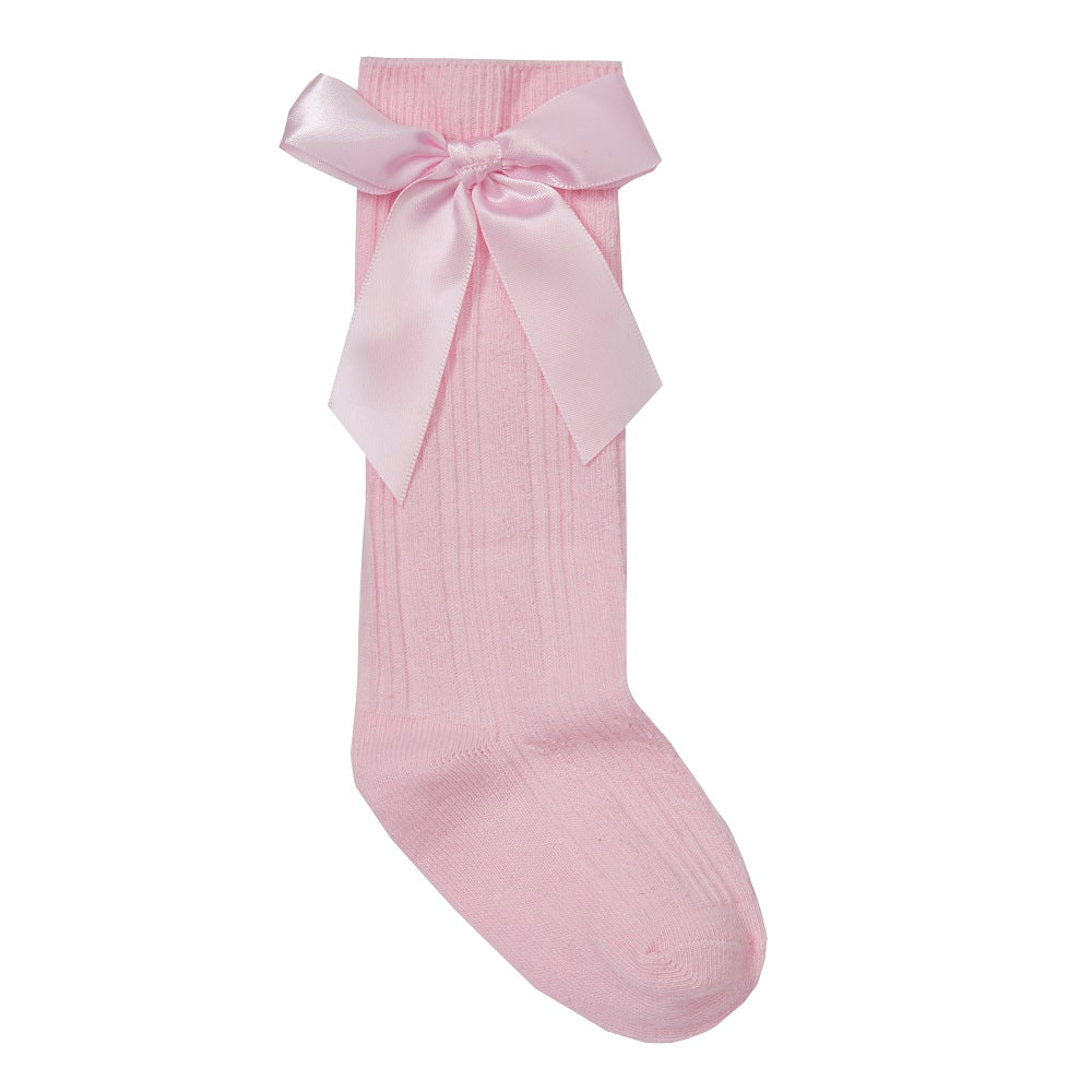 Girls Pink Cable Knee Cable Bow Sock