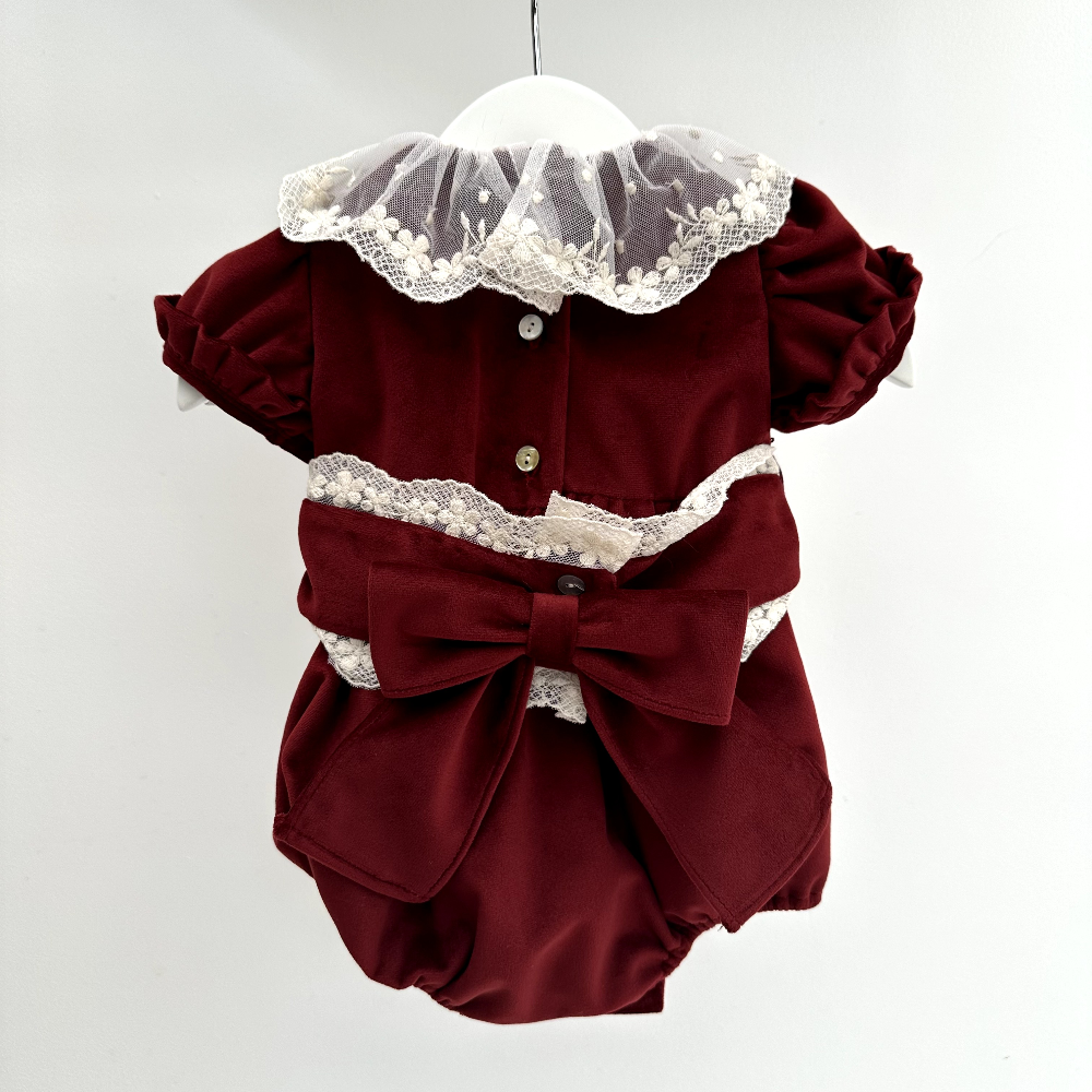 Fofettes Girls Burgundy Exclusive Velvet Romper With Lace