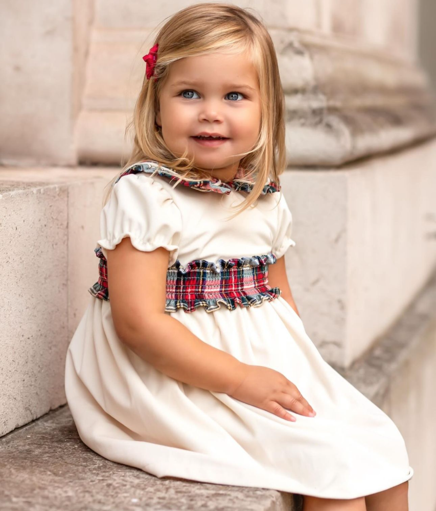 Fofettes Ivory Velvet Dress With Tartan Bow