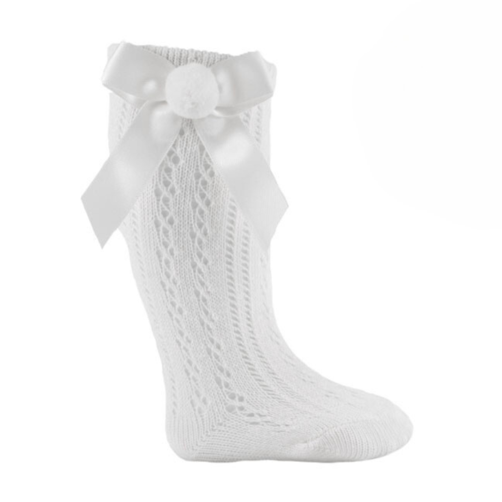 Girls White Knee High Pelerine Pom Pom Bow Socks