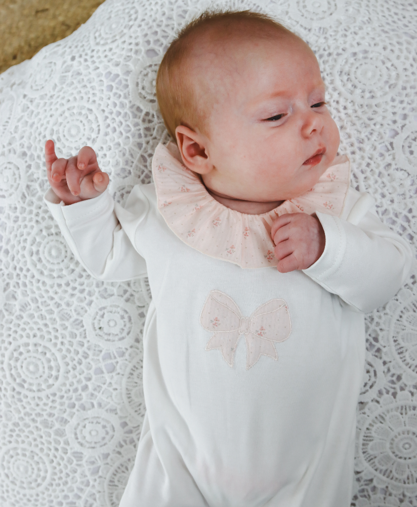 Baby Gi Flora Ivory Cotton Bow Sleepsuit