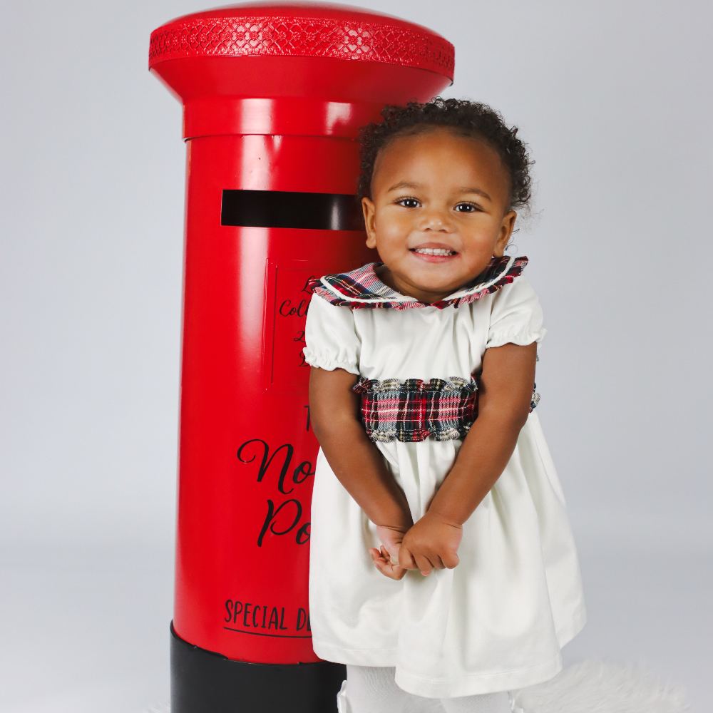 Fofettes Ivory Velvet Dress With Tartan Bow