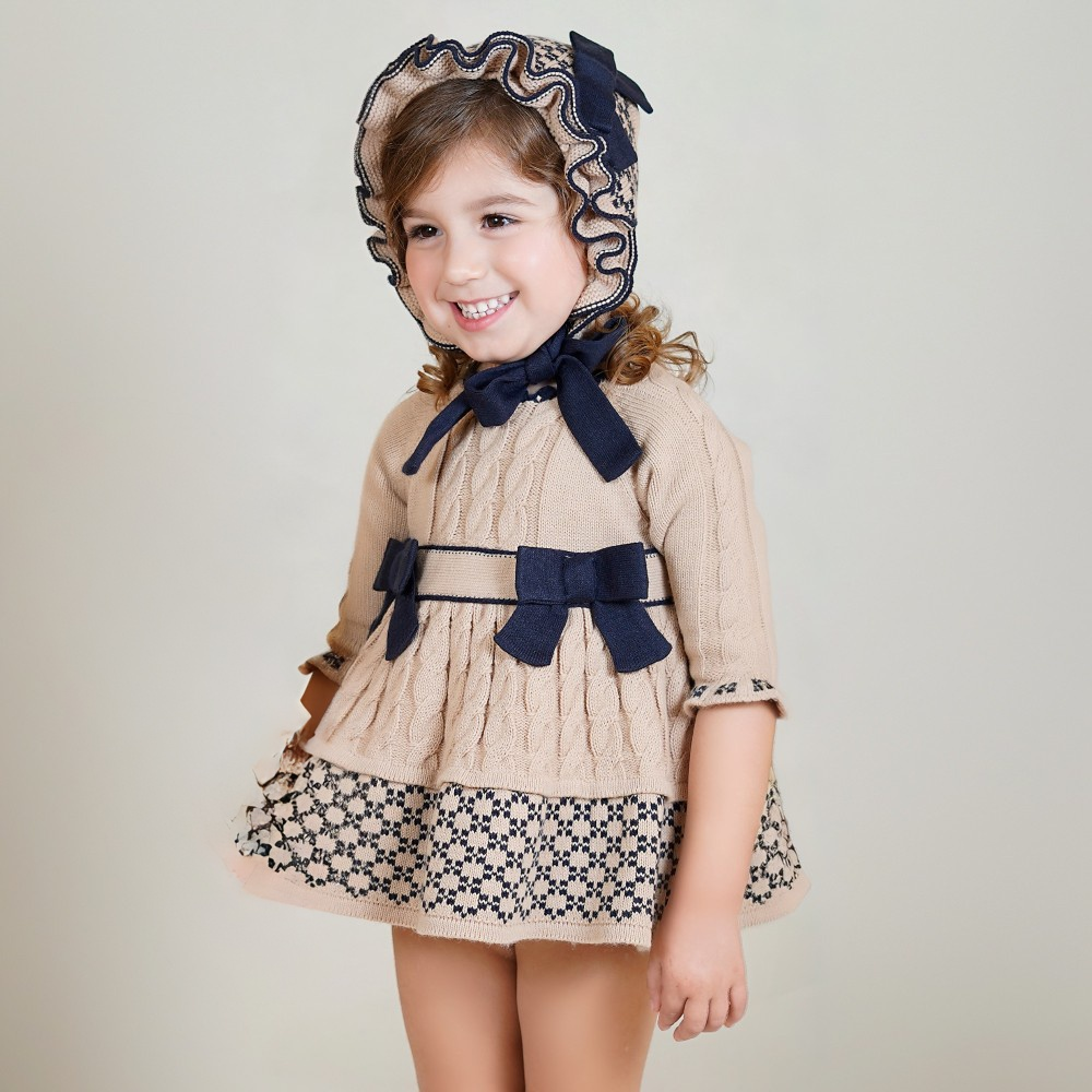 New In Rahigo Girls Camel & Navy Baby Dress & Knickers