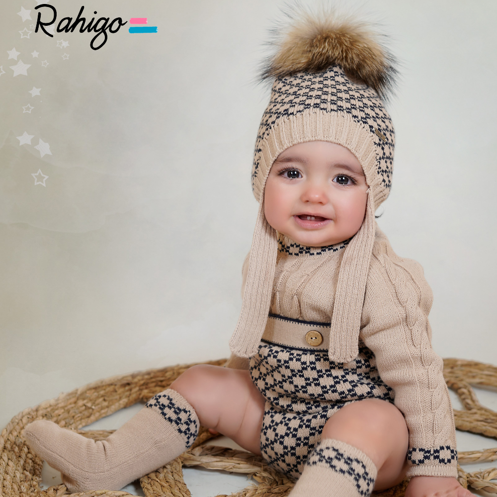 New In Rahigo Boys Camel & Navy Romper