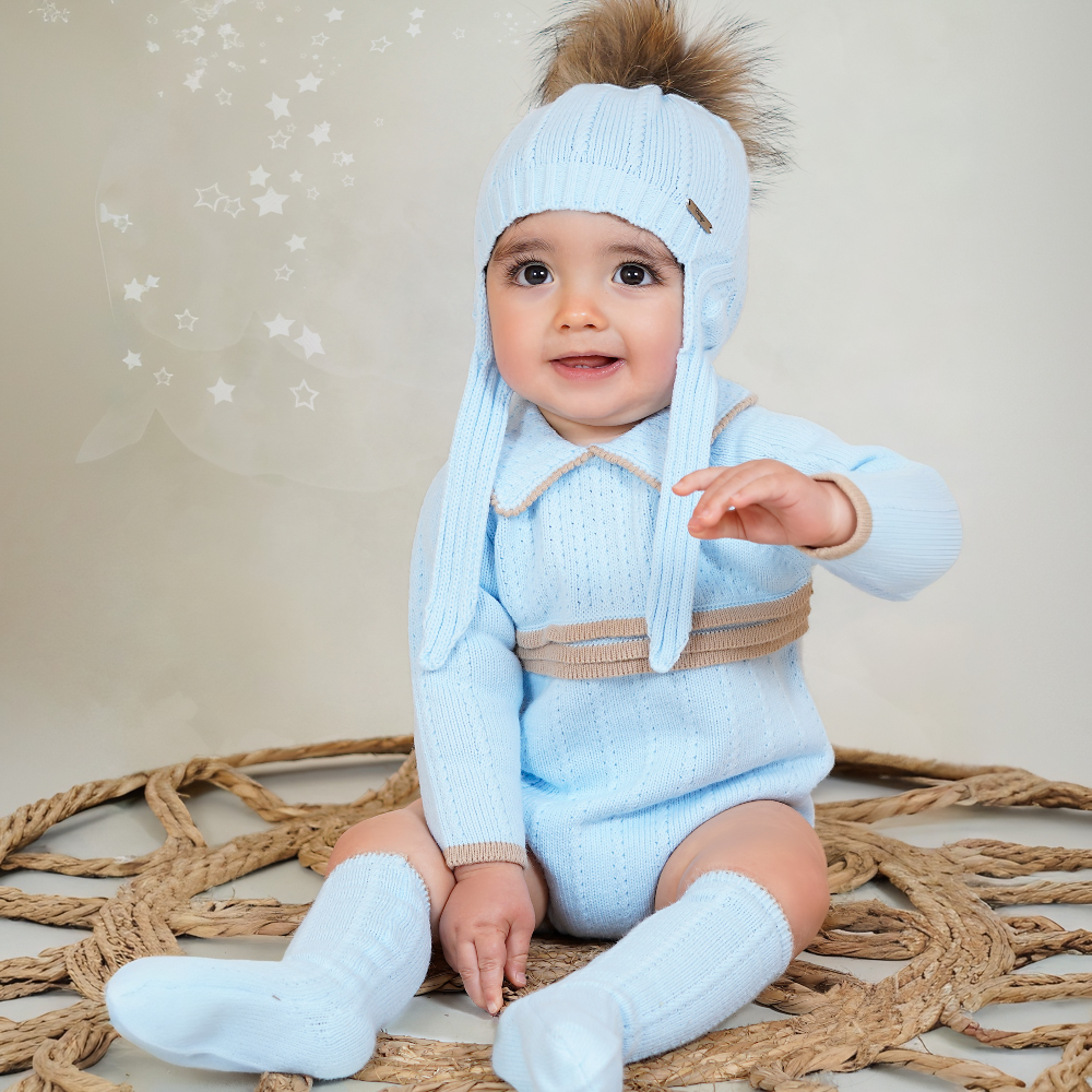 New In Rahigo Boys Baby Blue & Camel Romper 