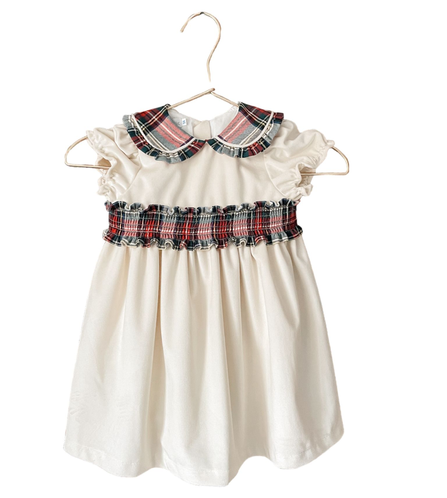 Fofettes Ivory Velvet Dress With Tartan Bow