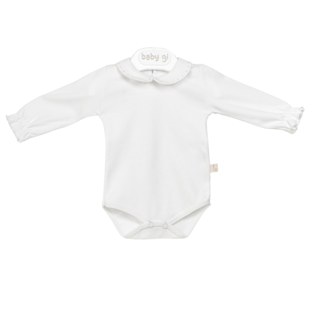 Baby Gi White Long Sleeved Bodysuit with Grey Polka Dot Collar