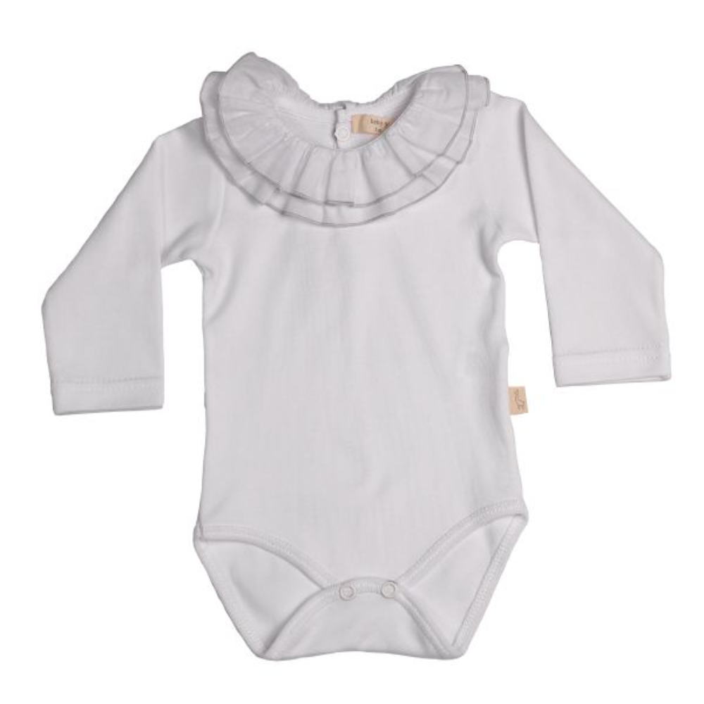 Baby Gi Ruffled Double Grey Trim White Long Sleeve Cotton Bodysuit