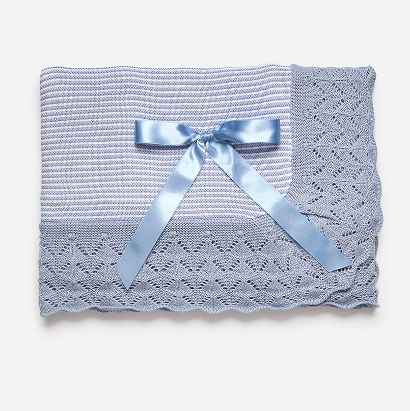 Juliana Blue & White Knitted Blanket With Bow