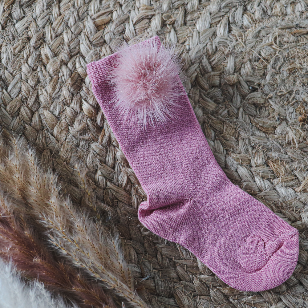 Meia Pata Girls Raspberry Fur Pom Pom Knee Socks