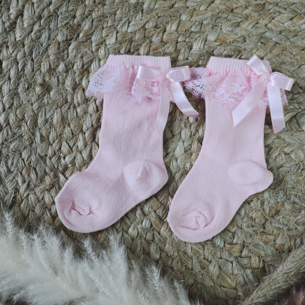 Meia Pata Baby Pink Lace & Bow Knee Socks