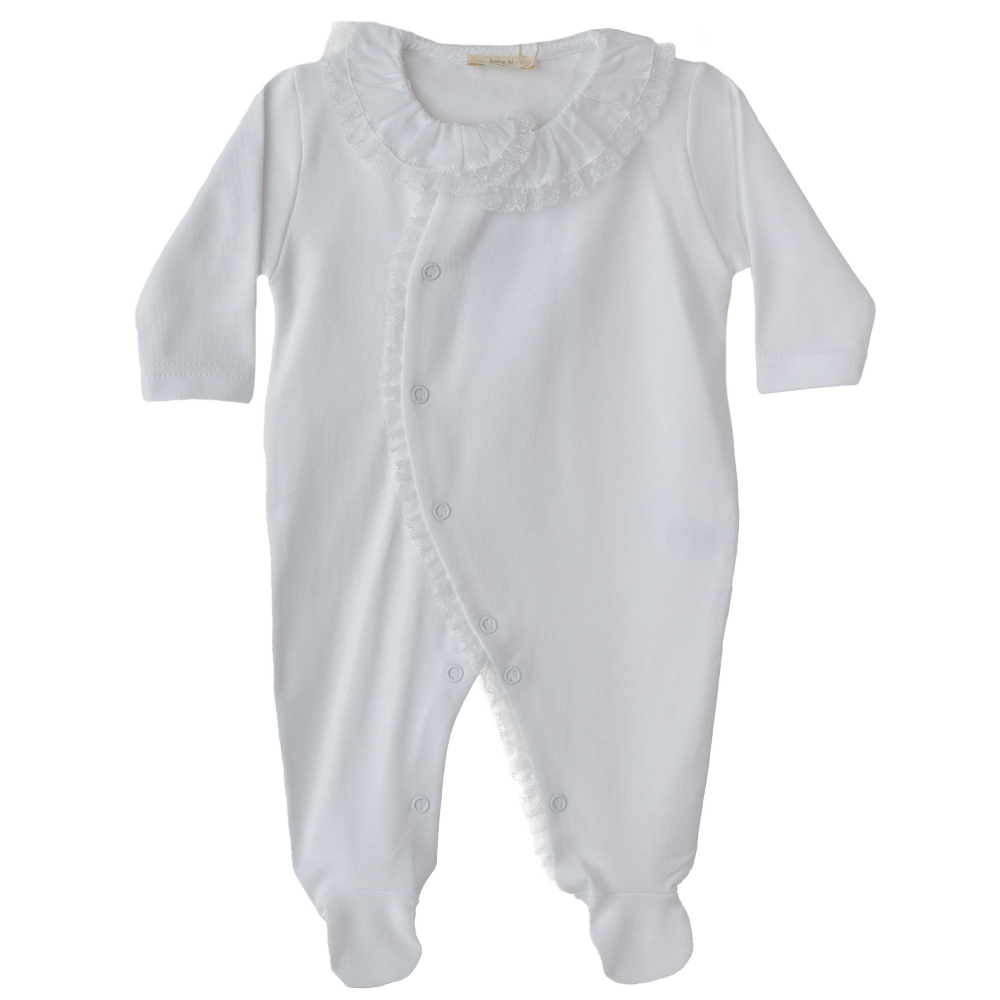Baby Gi White Cotton Frill Collar Lace Sleepsuit