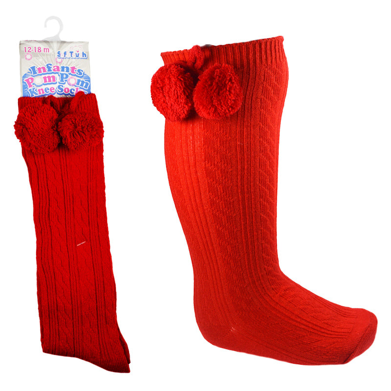 Red Knee High Ribbed Pom Pom Socks